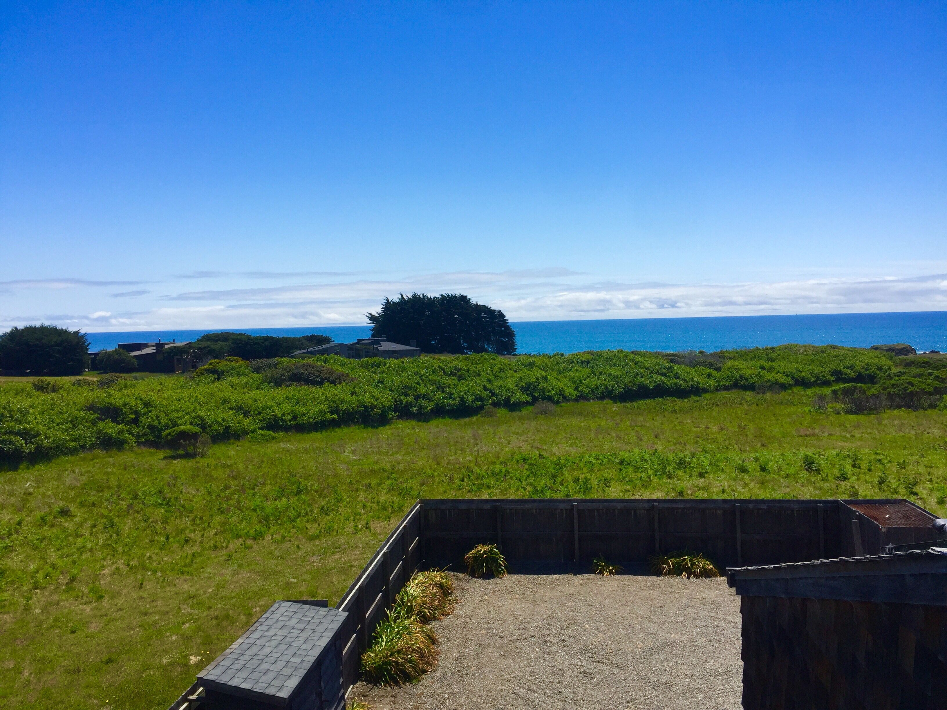Ett kustlandskap med en gräsklädd äng, en träkonstruktion och utsikt över havet.