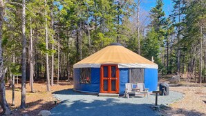 Une yourte bleue et beige avec une porte rouge, entourée d’arbres, et deux chaises en bois à l’extérieur.