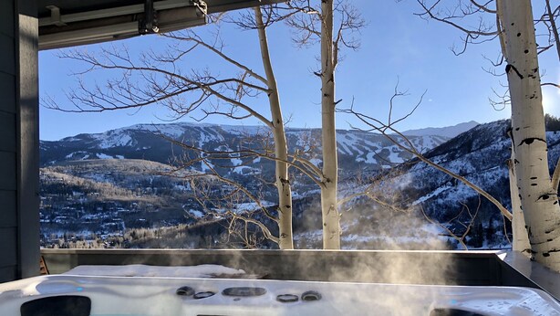 A hot tub with a view of snow-covered mountains and bare trees. - Killer Views   -&-   Highest Reviews   -&-   Great Value  -&-  6 Min to Ski hill (Snowmass Village)