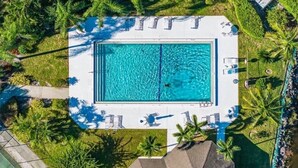 Vue aérienne d’une piscine rectangulaire entourée de chaises longues et de palmiers.