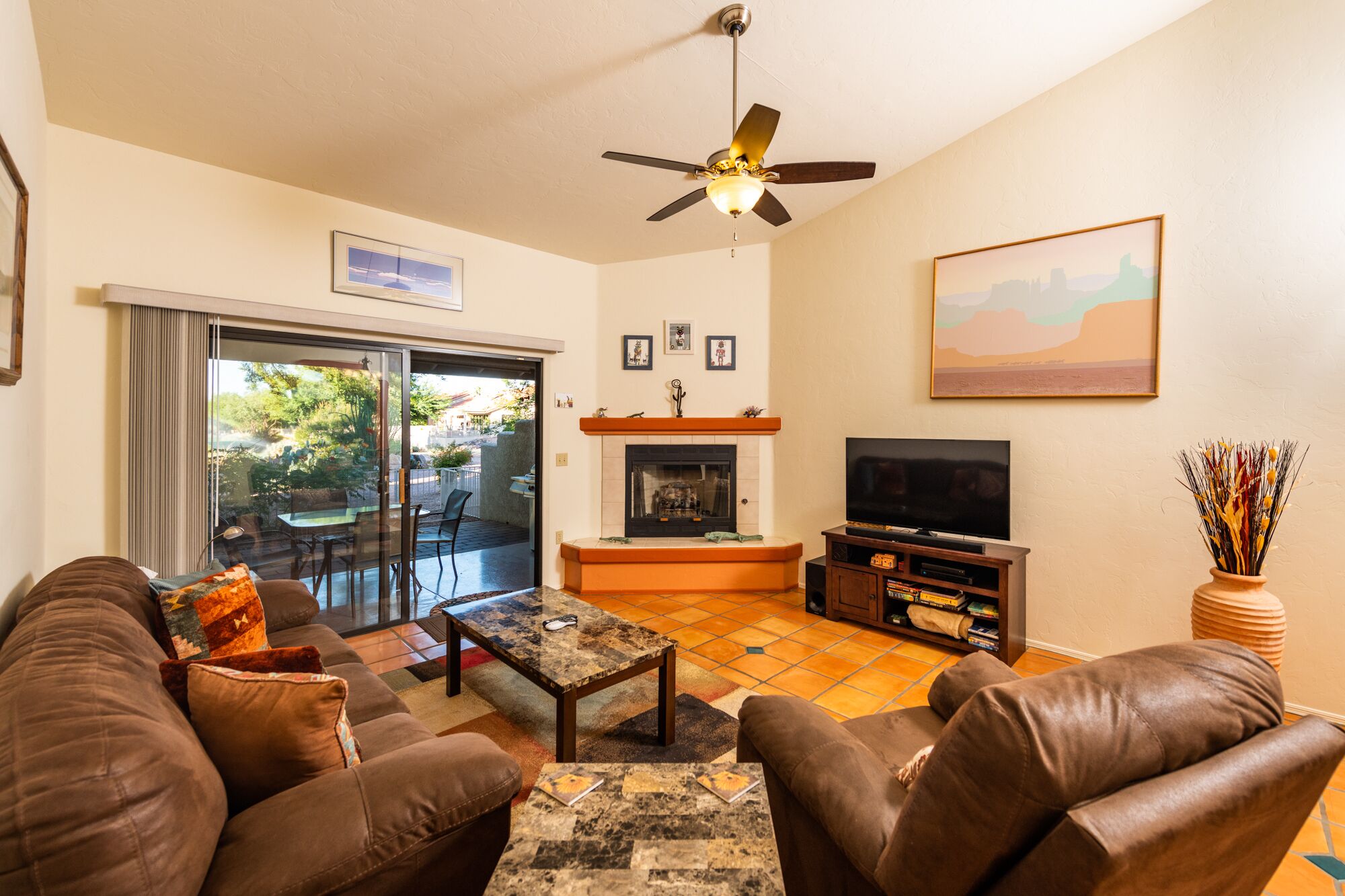 Smart TV, fireplace, DVD player, books