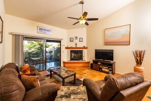 Smart TV, fireplace, DVD player, books