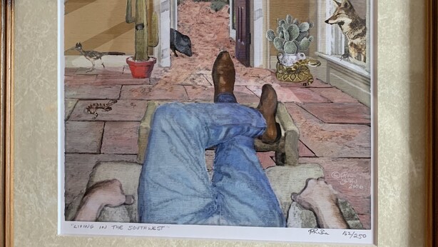 A painting of a man reclining on a chair in a room with desert-themed decor, including cacti and a cactus plant in a window.