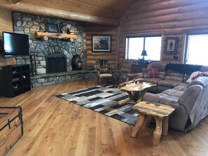 Smart TV, fireplace, DVD player, books