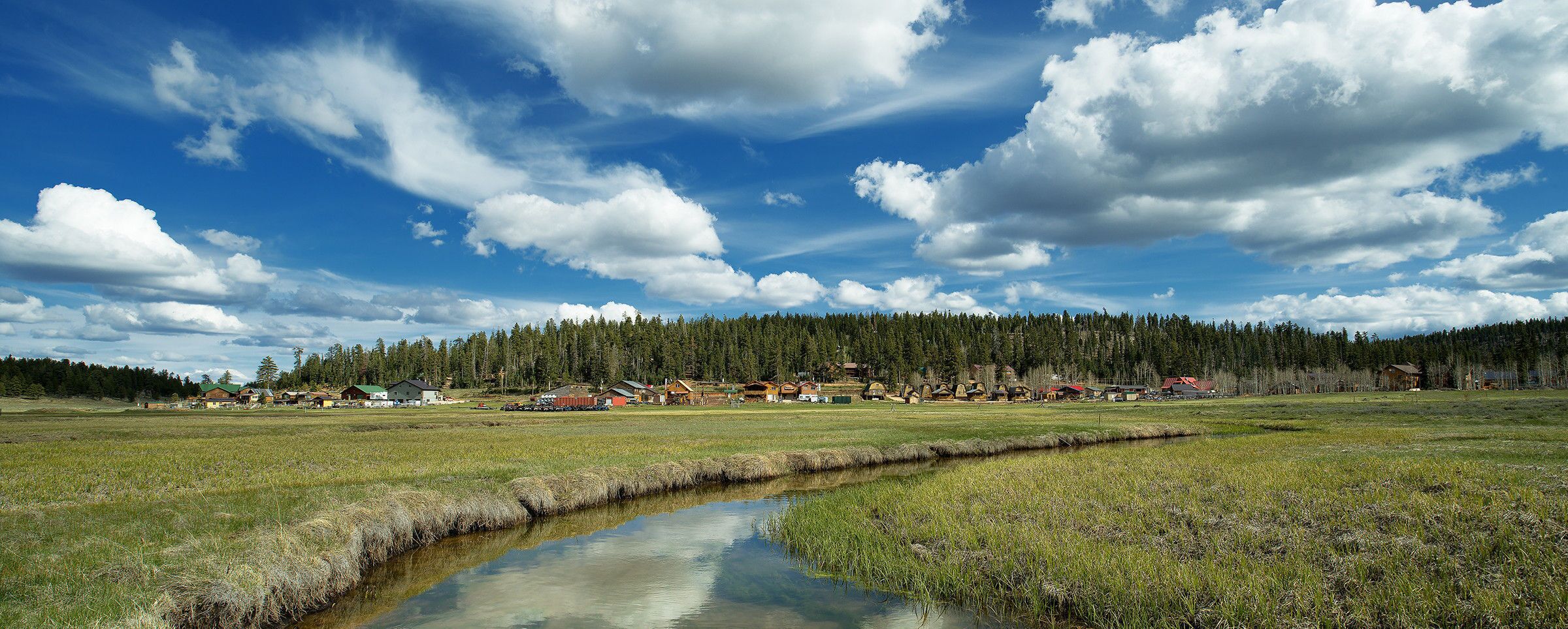 A rural landscape with a river, houses, and a forest in the background.