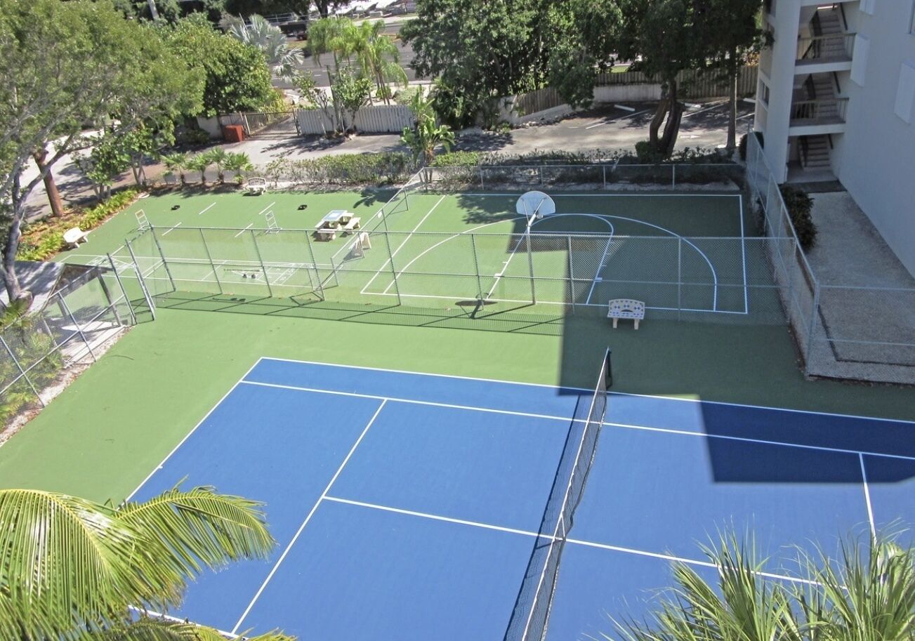 A tennis court with a net, surrounded by a fence and palm trees.