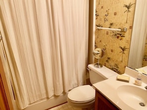 Bañera, secador de pelo y toallas