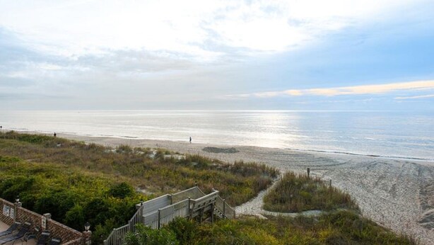 A beach with a wooden boardwalk leading to the shore, surrounded by vegetation. - Beautiful Oceanfront Condo On 4th Floor - Steps From The Beach. Linens Incl. !!! (Surfside Beach)