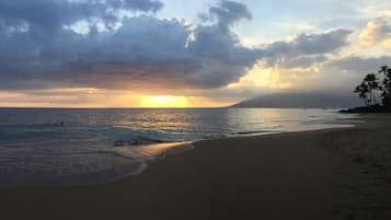Nær stranden, solsenger og strandhåndklær