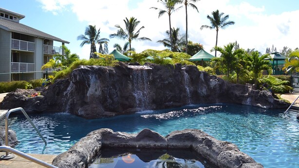 A pool with a rocky waterfall feature, surrounded by palm trees and a building with balconies.