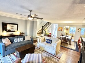 TV connectée, cheminée, lecteur de DVD, livres