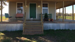 Ein Holzhaus mit Veranda, einer grünen Tür und einem kleinen Hund, der auf den Stufen steht.