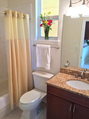 A bathroom with a toilet, a sink, a mirror, and a window with flowers.
