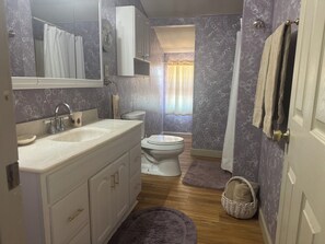 Combined shower/tub, hair dryer, towels, soap