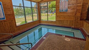 Un intérieur en bois avec une piscine, de grandes fenêtres et une vue sur un espace de jeux extérieur.