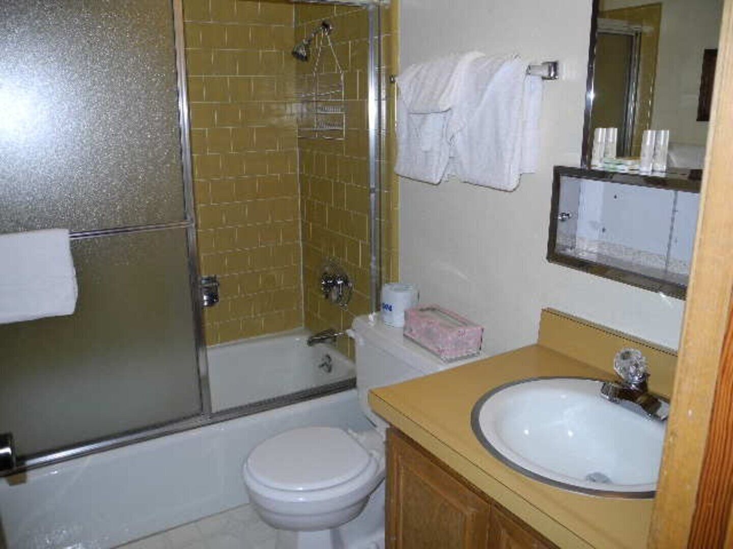 Une salle de bain avec des toilettes, un lavabo et une douche.
