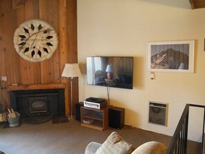 Televisión, chimenea, reproductor de DVD y estéreo 