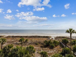A beach view with a clear sky, sandy beach, and sparse vegetation.