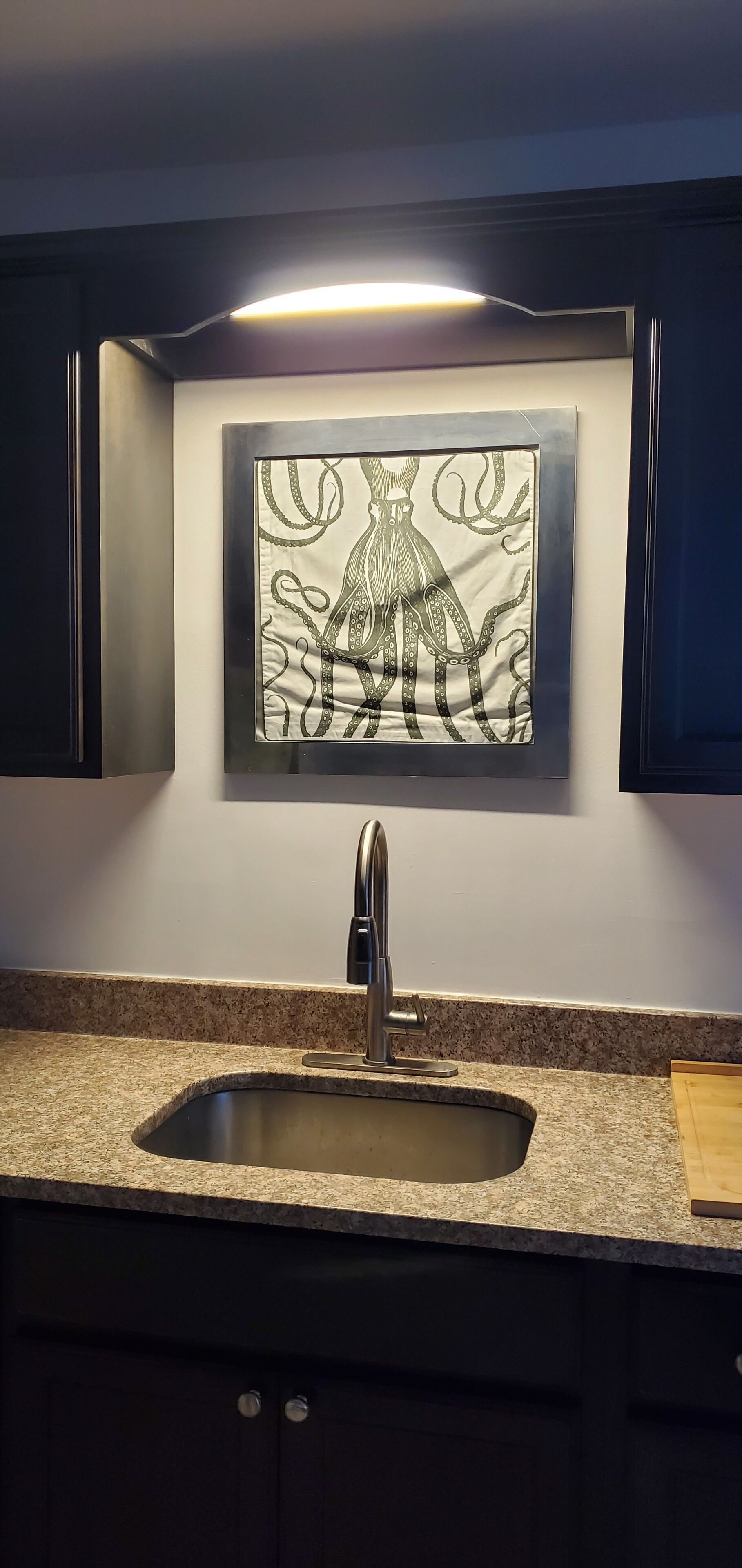 A kitchen with a granite countertop, a stainless steel sink, and a framed artwork above the sink.