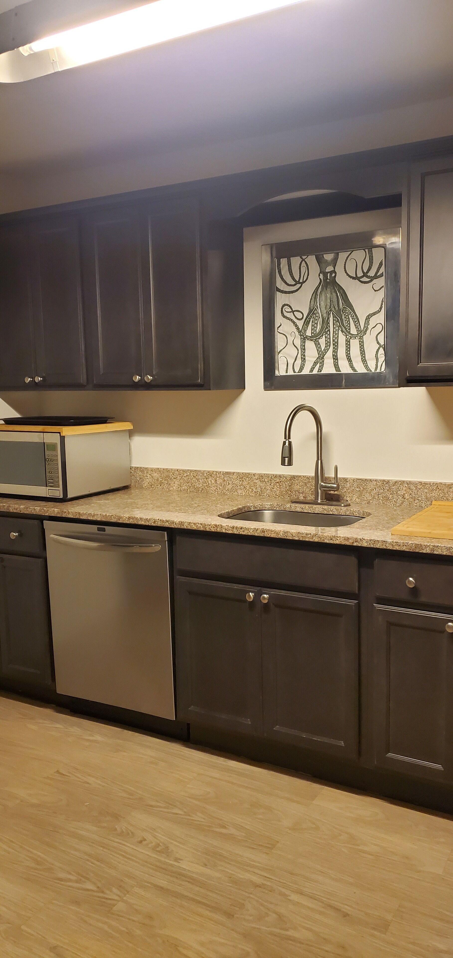 A kitchen with dark cabinets, a stainless steel dishwasher, a granite countertop, and a decorative wall piece above the sink.