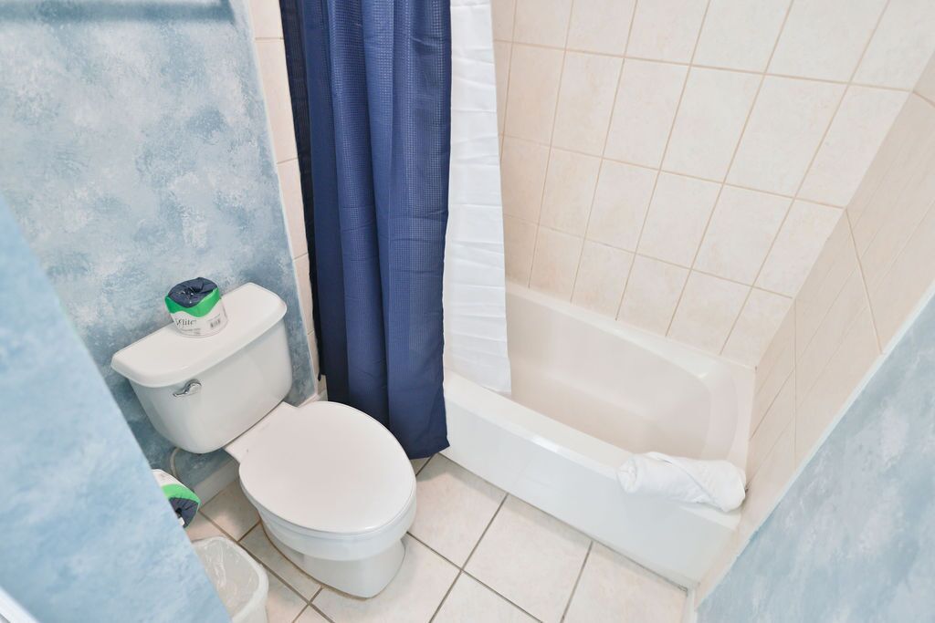 A small bathroom with a toilet, a bathtub, and a shower curtain.