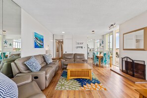 Smart TV, fireplace, books