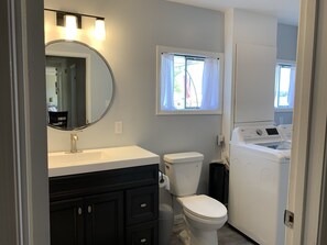 Bathtub, hair dryer, soap, toilet paper