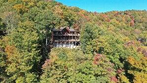 A wooden cabin with a balcony, surrounded by dense forest with autumn foliage.