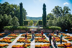 A garden with a fountain, stone pathways, and people walking. - Charming 5-star house near downtown Asheville & Biltmore, fire pit, dog friendly (Asheville)