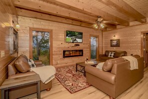 Smart TV, fireplace, video games, DVD player