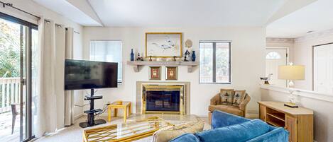 Télévision, cheminée, lecteur de DVD, livres