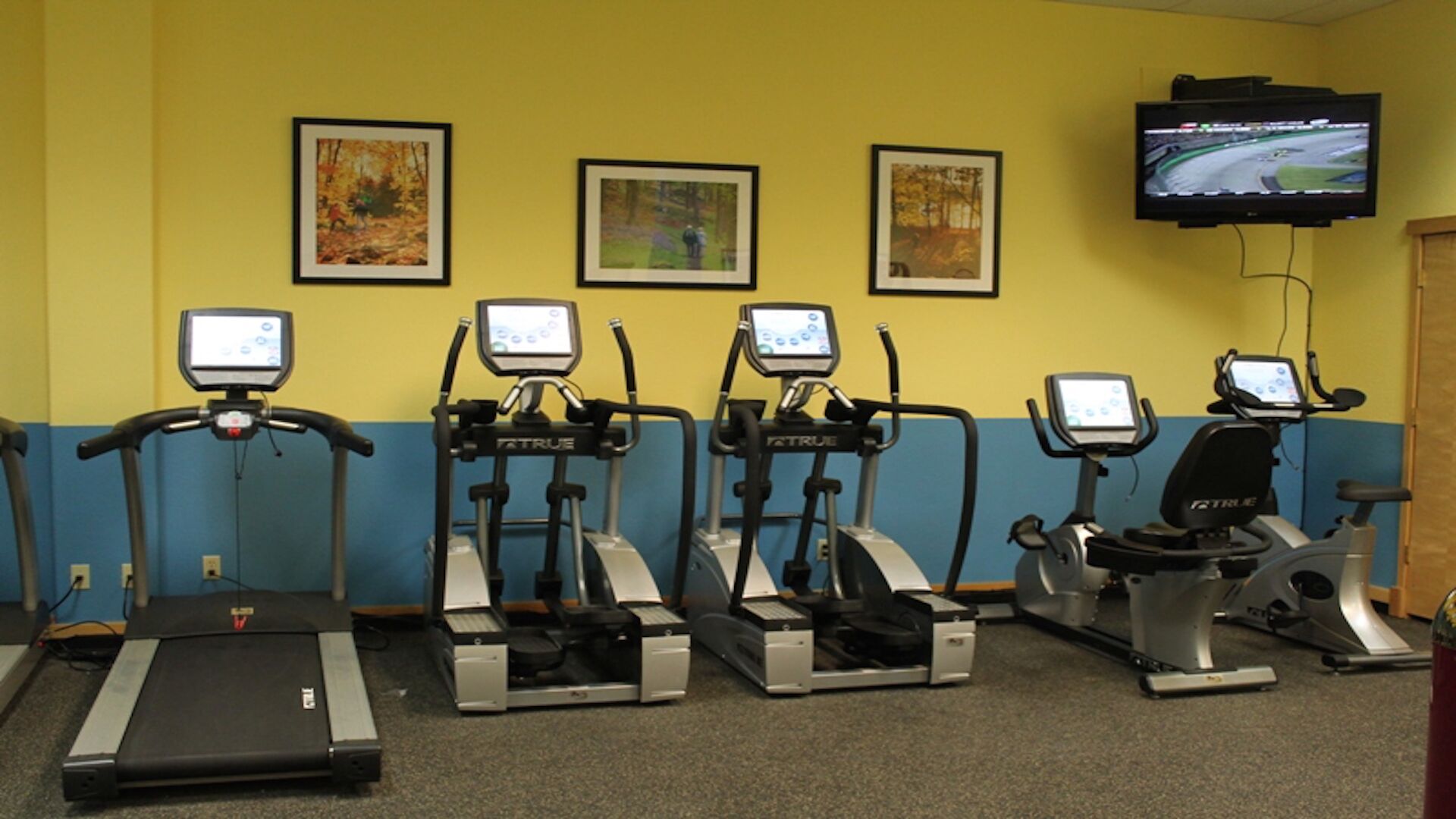 Une salle de remise en forme équipée de tapis de course, de vélos elliptiques et d’un téléviseur diffusant une compétition sportive.