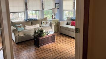 Smart TV, fireplace, DVD player, books