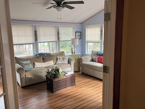 Smart TV, fireplace, DVD player, books