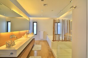 Bathtub, hair dryer, towels, soap