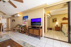 A living room with a television, wicker furniture, and a bed in the adjacent room.
