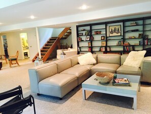 Smart TV, fireplace, books