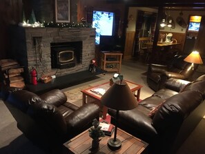 TV connectée, cheminée, lecteur de DVD, livres
