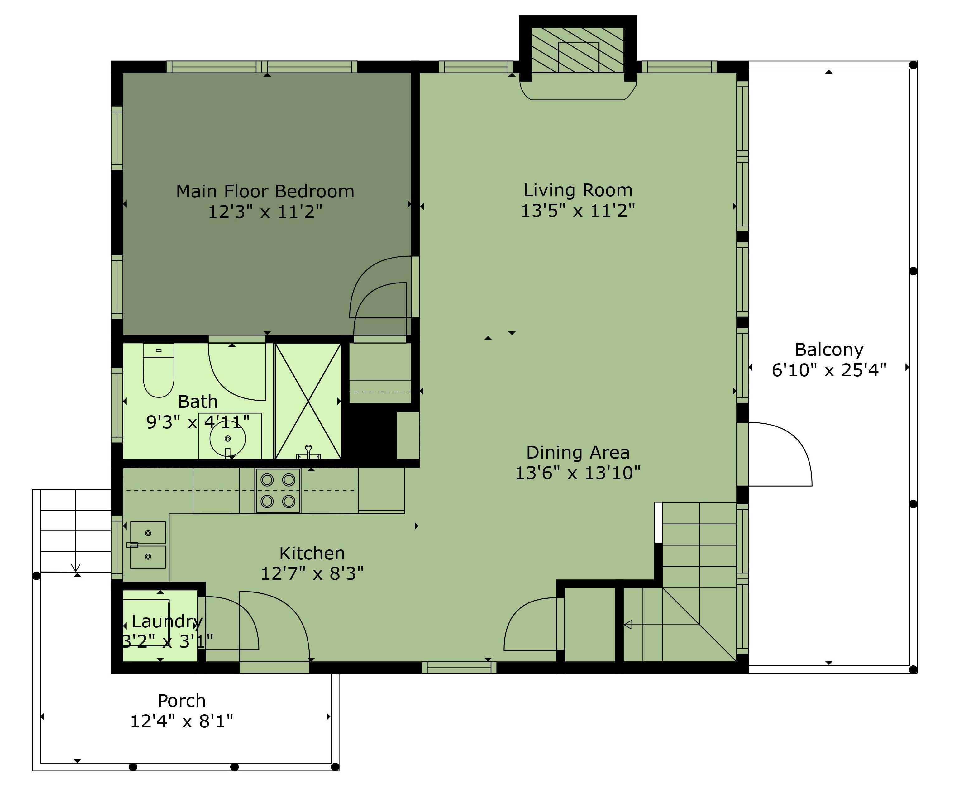 A floor plan with a main floor bedroom, living room, balcony, dining area, kitchen, bathroom, laundry, and porch.