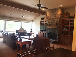 Smart TV, fireplace, video games, DVD player