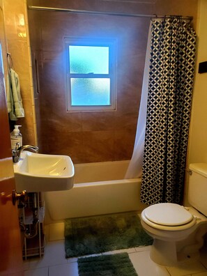Bañera con ducha, secador de pelo, toallas