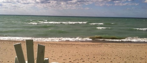 On the beach, sun-loungers