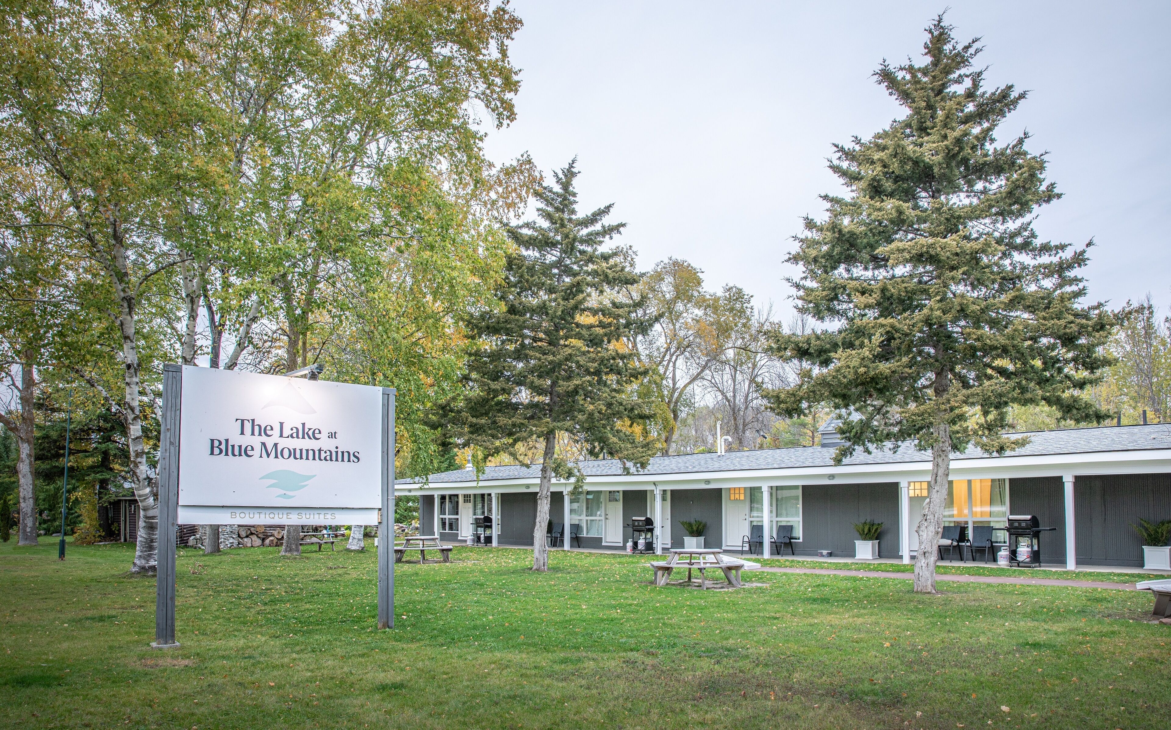 A hotel named 'The Lake at Blue Mountains' with outdoor seating and a signboard.