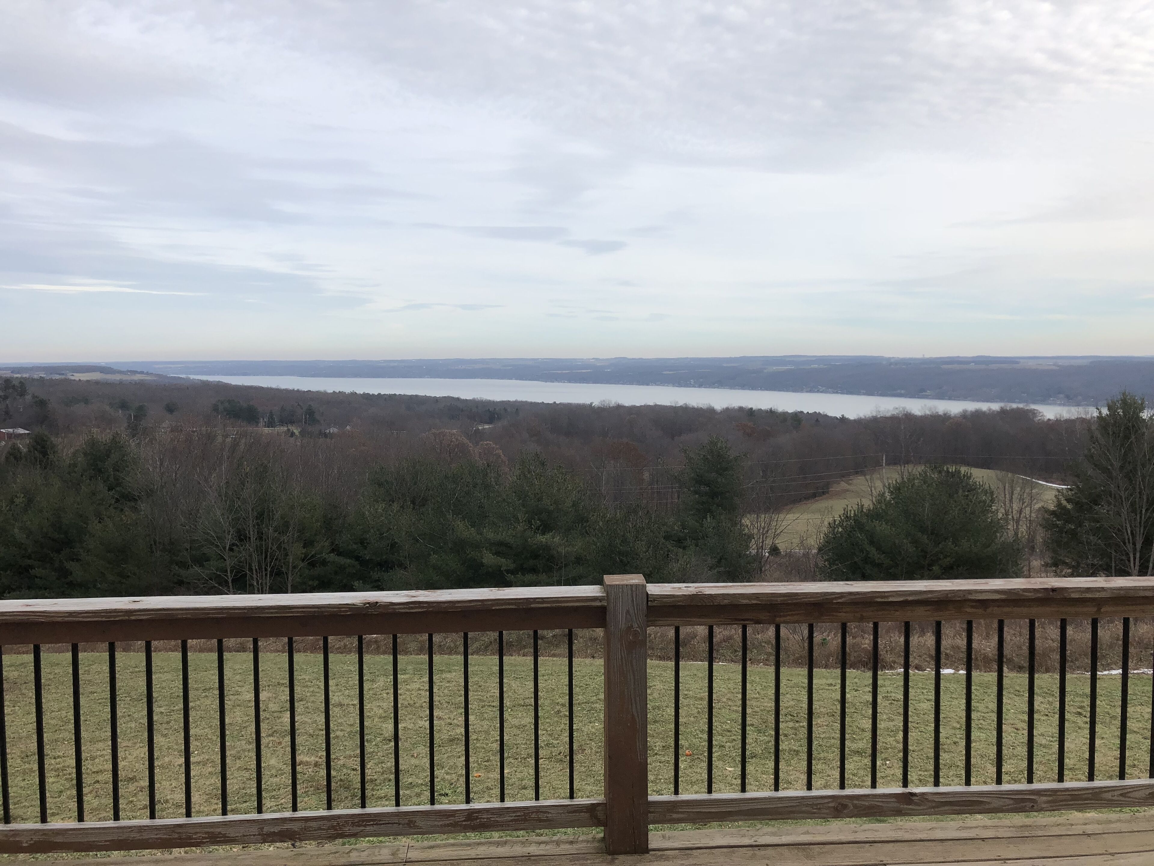 A view from a balcony with a wooden railing, overlooking a grassy field and a lake.