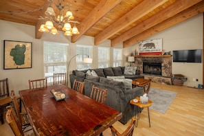 Smart TV, fireplace, video games, DVD player