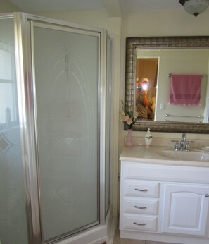 Combined shower/tub, hair dryer, towels, toilet paper