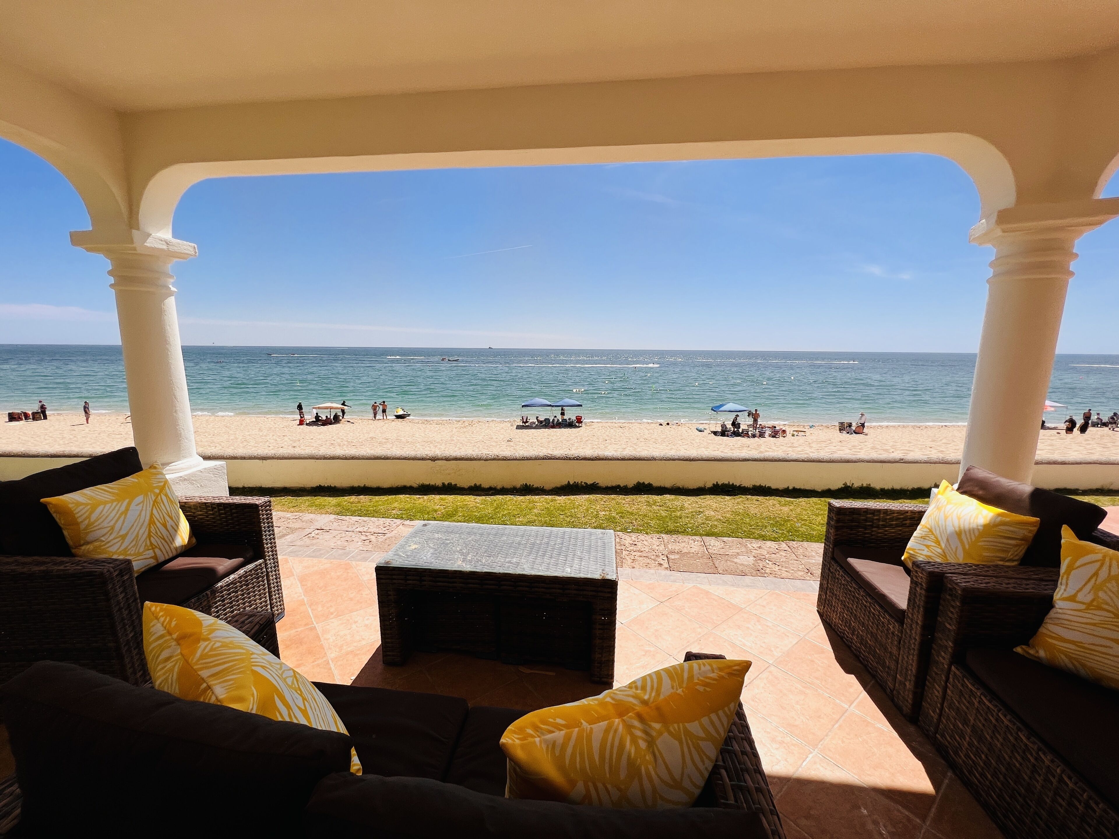 On the beach, sun loungers