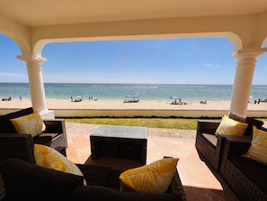 On the beach, sun loungers