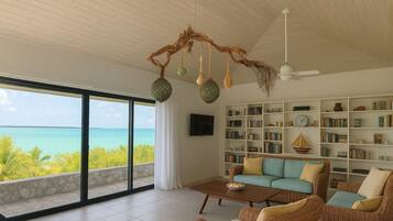 Una televisión, libros, un reproductor estéreo