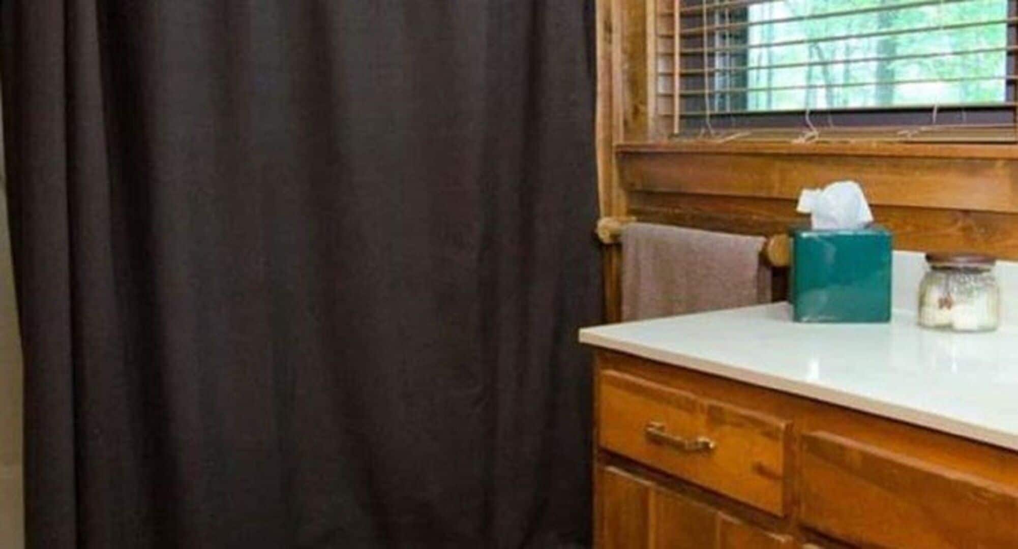 Una cocina con encimera de madera, una ventana con persianas, un dispensador de pañuelos de papel y un salero.
